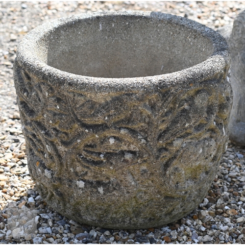 33 - A weathered cast stone two piece shell form birdbath to/with a circular reconstituted stone planter ... 