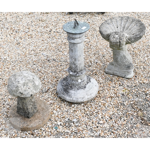 33 - A weathered cast stone two piece shell form birdbath to/with a circular reconstituted stone planter ... 