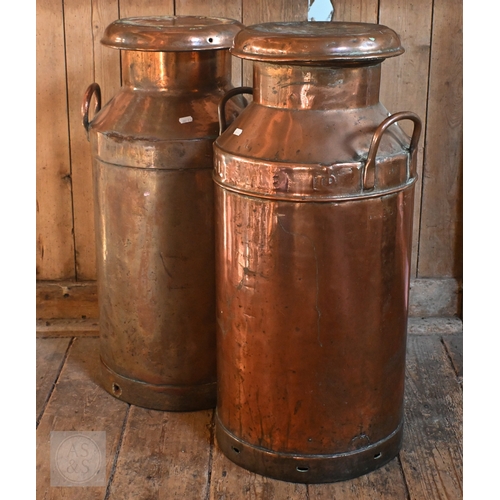 35 - Two antique copper milk churns and covers, one branded for United Dairies, the other for Percy Churc... 