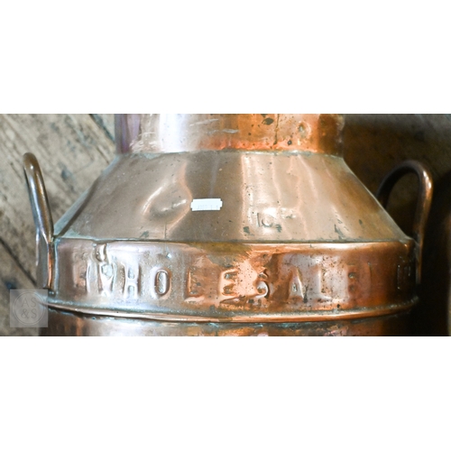 35 - Two antique copper milk churns and covers, one branded for United Dairies, the other for Percy Churc... 