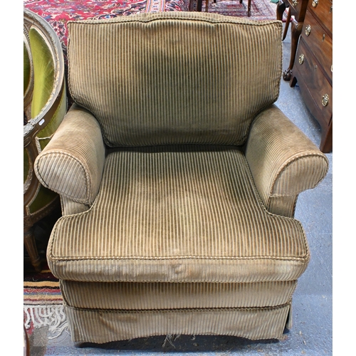 52 - A traditional vintage green Corduroy-covered easy armchair, mid 20th century