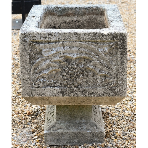 6 - A weathered rectangular relief cast stone trough planter, raised on a square pillar and plinth, cm x... 