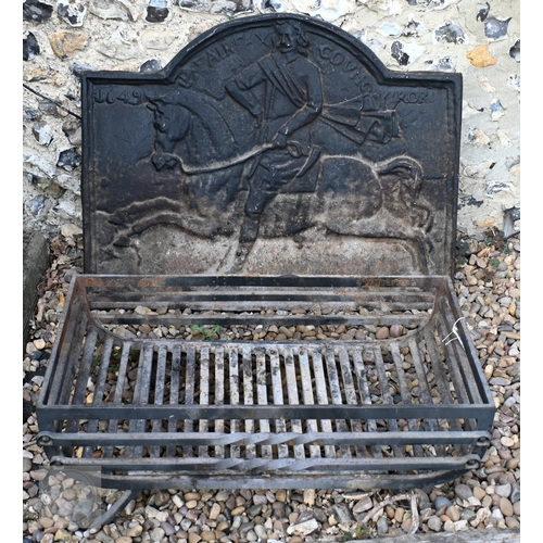 9 - A large cast iron fireback with arched top and relief of a mounted cavalier dated 1649, 84 cm x 67 c... 
