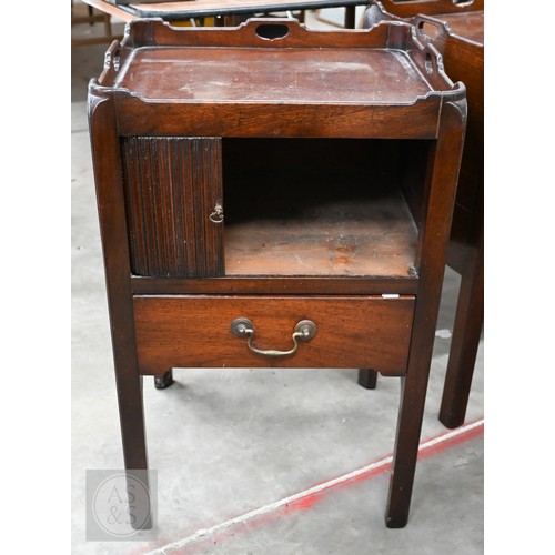 174 - A pair of George III style mahogany tray top step commodes, with opposing tambour doors over green s... 