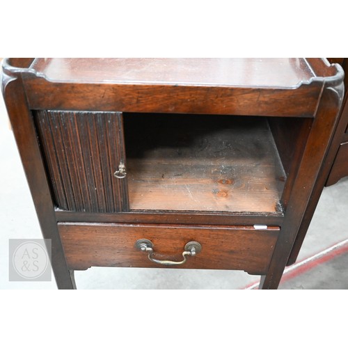 174 - A pair of George III style mahogany tray top step commodes, with opposing tambour doors over green s... 