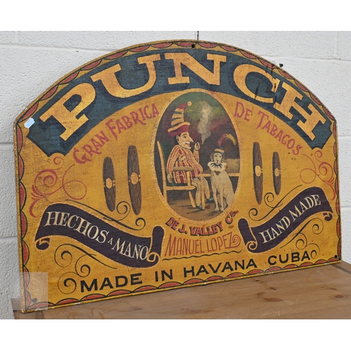 A vintage 'Punch' Havana tobacco sign, painted on hessian on wood, 90 cm x 62 cm h