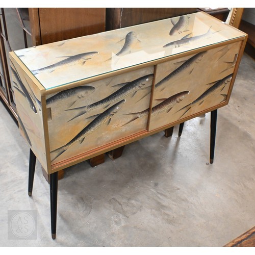 143 - A small Mid-Century modern teak sideboard with sliding doors and black splayed legs, up-cycled with ... 