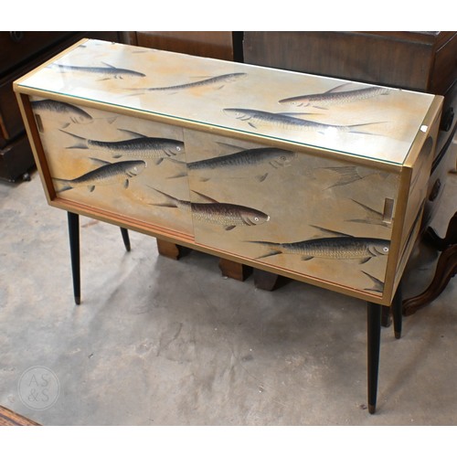 143 - A small Mid-Century modern teak sideboard with sliding doors and black splayed legs, up-cycled with ... 