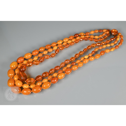 275 - A triple row of graduated amber beads, comprising two 'butterscotch opaque' and one faceted, double ... 