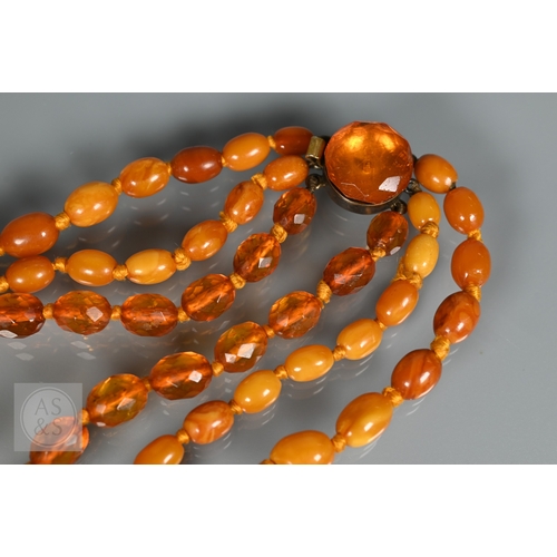 275 - A triple row of graduated amber beads, comprising two 'butterscotch opaque' and one faceted, double ... 
