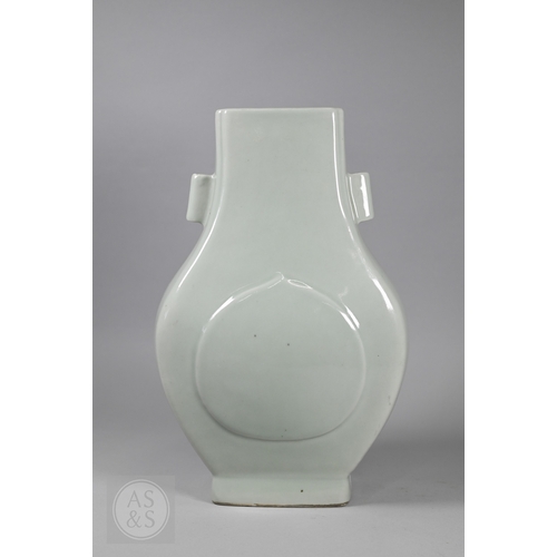 336 - A Chinese celadon porcelain 'arrow' vase, (fanghu) six-character Yongzheng mark in underglaze blue b... 