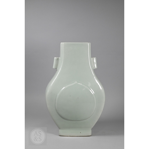 336 - A Chinese celadon porcelain 'arrow' vase, (fanghu) six-character Yongzheng mark in underglaze blue b... 