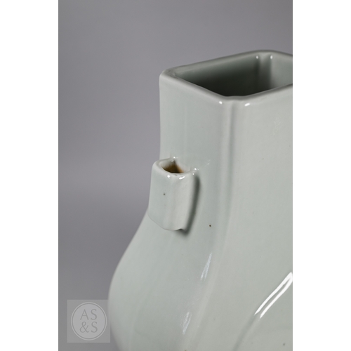 336 - A Chinese celadon porcelain 'arrow' vase, (fanghu) six-character Yongzheng mark in underglaze blue b... 