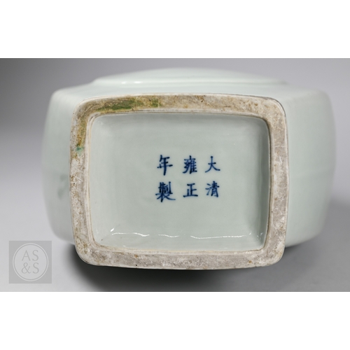 336 - A Chinese celadon porcelain 'arrow' vase, (fanghu) six-character Yongzheng mark in underglaze blue b... 