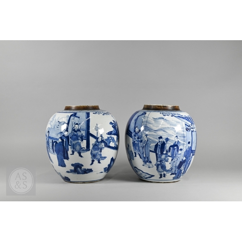 337 - A matched pair of 18th century Chinese blue and white porcelain 'Three Kingdoms' ginger jars, Kangxi... 