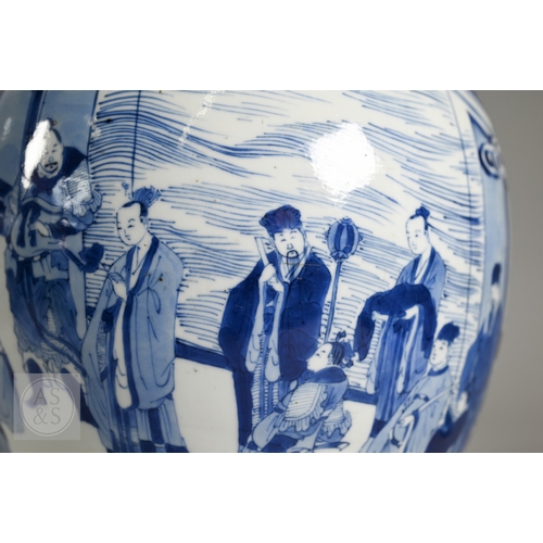 337 - A matched pair of 18th century Chinese blue and white porcelain 'Three Kingdoms' ginger jars, Kangxi... 