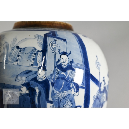 337 - A matched pair of 18th century Chinese blue and white porcelain 'Three Kingdoms' ginger jars, Kangxi... 