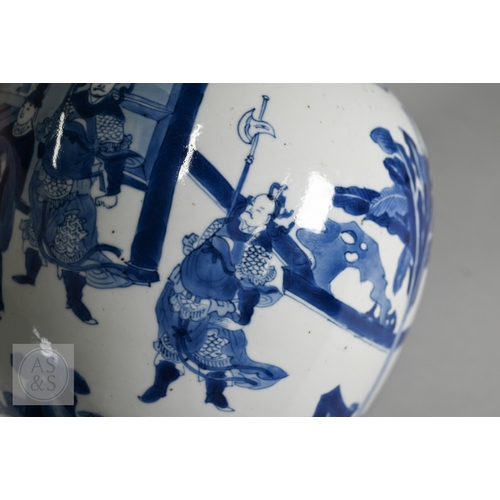 337 - A matched pair of 18th century Chinese blue and white porcelain 'Three Kingdoms' ginger jars, Kangxi... 