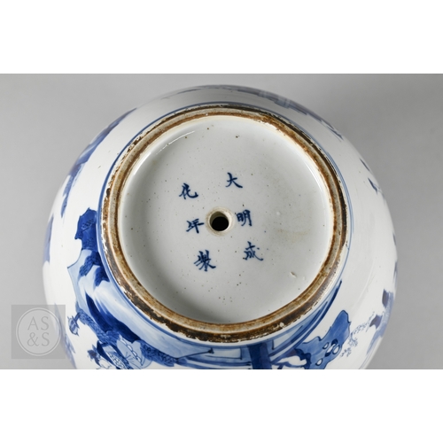 337 - A matched pair of 18th century Chinese blue and white porcelain 'Three Kingdoms' ginger jars, Kangxi... 