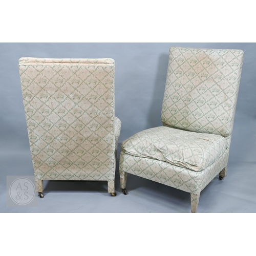 612 - A rare pair of generous high back open salon chairs by Portman Upholstery, London W1, upholstered in... 