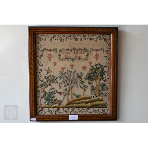815 - A fine antique multi-stitch silk on linen needlework sampler, 'The Hare & The Tortoise', worked ... 