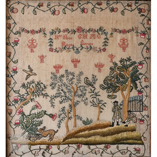 815 - A fine antique multi-stitch silk on linen needlework sampler, 'The Hare & The Tortoise', worked ... 