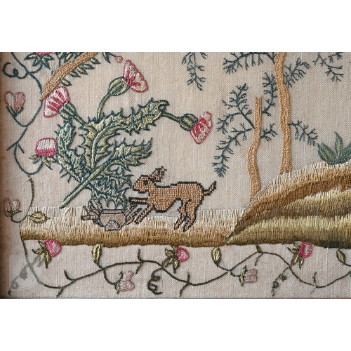 815 - A fine antique multi-stitch silk on linen needlework sampler, 'The Hare & The Tortoise', worked ... 