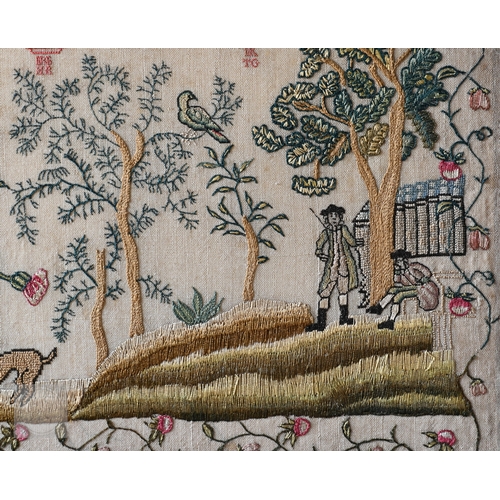815 - A fine antique multi-stitch silk on linen needlework sampler, 'The Hare & The Tortoise', worked ... 