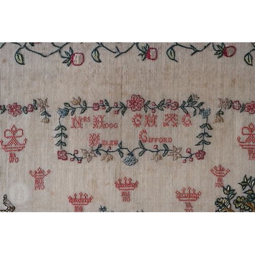 815 - A fine antique multi-stitch silk on linen needlework sampler, 'The Hare & The Tortoise', worked ... 