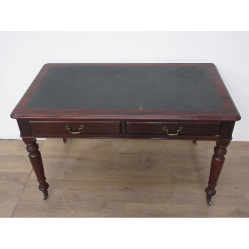 144 - A Victorian mahogany Writing Table fitted two drawers on turned supports and casters 4ft W x 2ft 5in... 