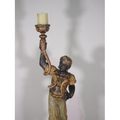 173 - A Venetian Blackamoor Torchere, the carved figure with an outstretched arm holding a candle stand, r... 