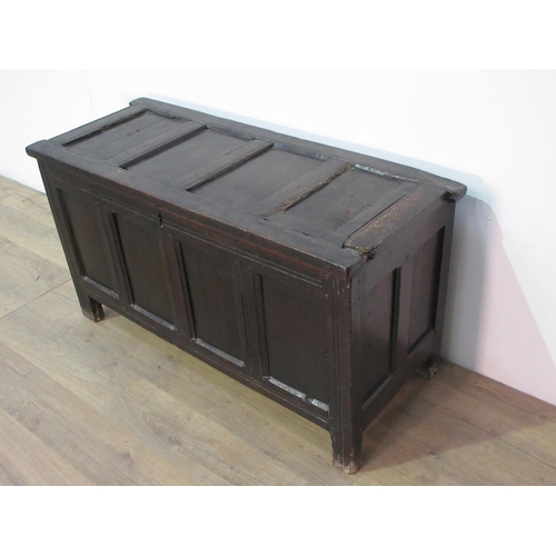 278 - A 17th Century oak Joined Coffer with sunken four panel lid and front mounted on grooved stile suppo... 