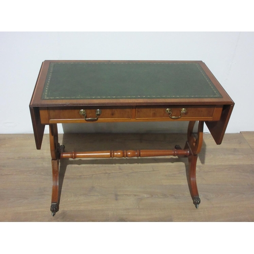 287 - A reproduction yewwood veneered Sofa Table with leather inset writing surface fitted two frieze draw... 