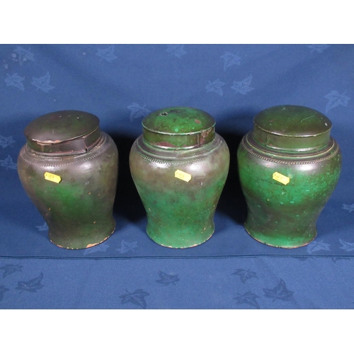 390 - A Set of three Victorian pottery Tobacco Jars with metal lids.