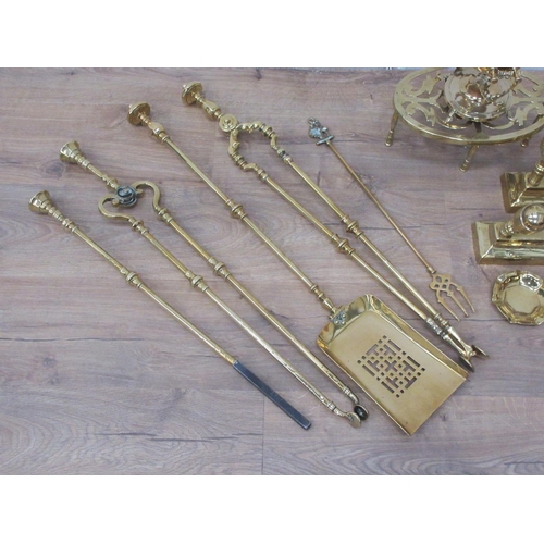 401 - Two x two-piece brass Companion Sets, a Pair of Fire Dogs, a brass Trivet, a Table Lamp, (passed PAT... 