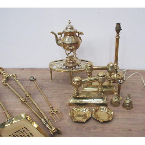 401 - Two x two-piece brass Companion Sets, a Pair of Fire Dogs, a brass Trivet, a Table Lamp, (passed PAT... 