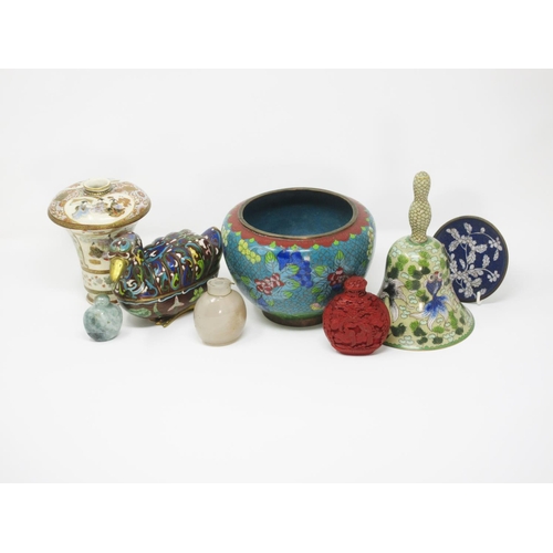 510 - A Satsuma waisted Vase A/F, four pieces of Cloisonne viz: Bowl, Pin Tray, Table Bell and a duck-shap... 