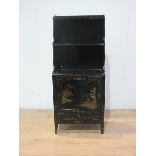 134 - A Regency chinoiserie black laquered Waterfall Bookcase, the shelves above a cupboard door and drawe... 