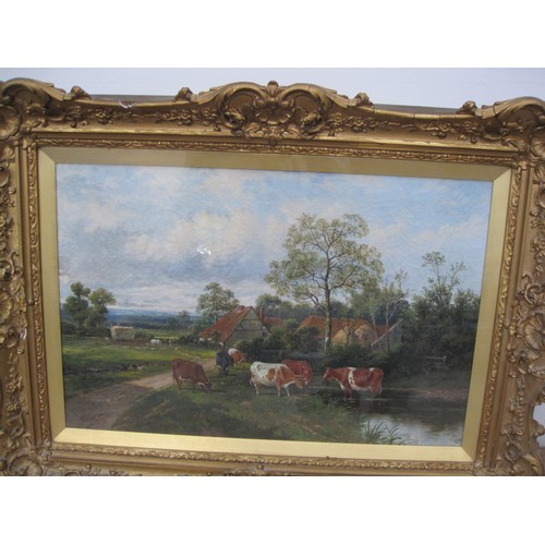 483A - G.L. CLARK. Cattle by a pond, a farmstead beyond, signed. Oil on canvas, 20 1/2 in x 30 in.