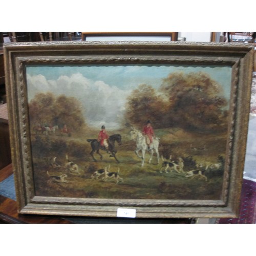 141 - ENGLISH SCHOOL, circa 1880. Huntsmen and hounds, Oil on Canvas, 14in x 20in, together with an Oil Pa... 