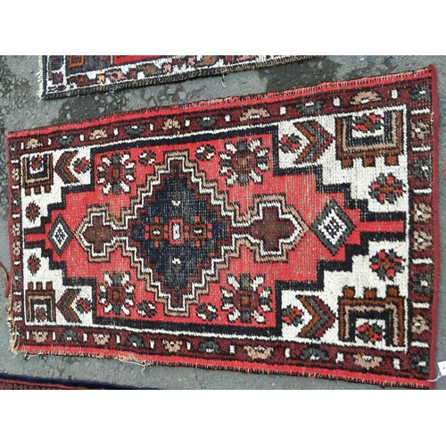 14 - A fine woven claret ground Rug with five central guls 5ft 4in L x 3ft W, a blue Chinese Rug 4ft 3in ... 