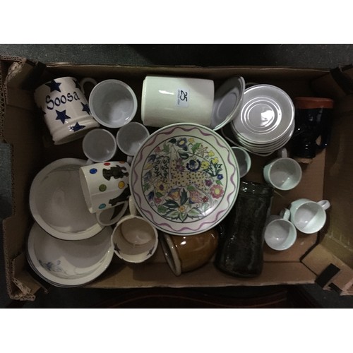 25 - Six boxes of china, stoneware, glass and two Teddy Bears including Poole Tea Cups and Saucers