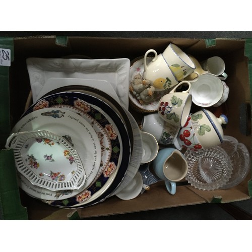 25 - Six boxes of china, stoneware, glass and two Teddy Bears including Poole Tea Cups and Saucers