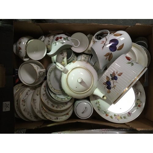 26 - Six boxes of china, stoneware and glass including Royal Worcester Evesham items and assorted Teaware