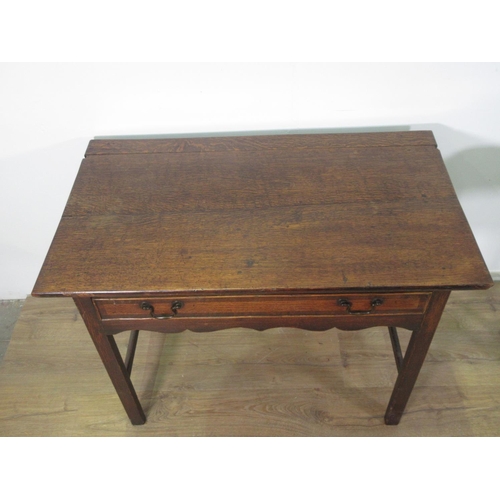 215 - A Georgian vernacular oak and mahogany crossbanded Side Table fitted frieze drawer above shaped frie... 