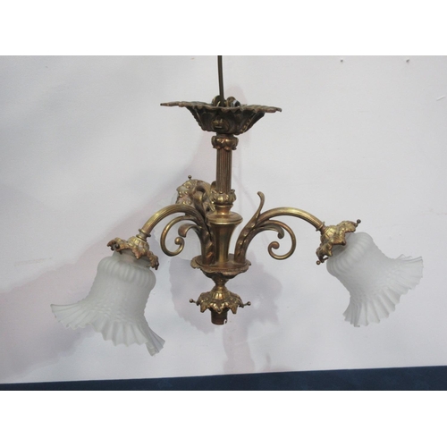 219 - A French brass three branch ceiling Electrolier with vaseline glass shades 1ft 6in W, and a spare sh... 