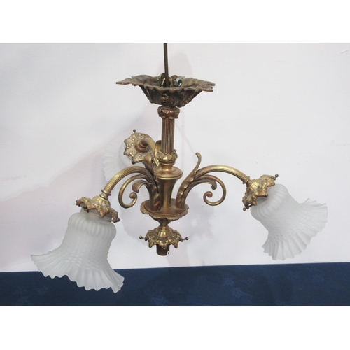 219 - A French brass three branch ceiling Electrolier with vaseline glass shades 1ft 6in W, and a spare sh... 