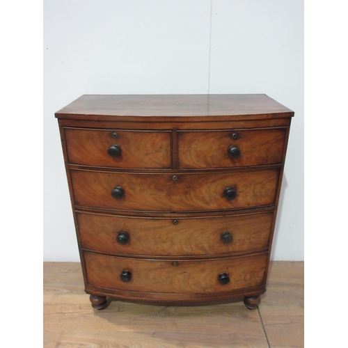 226 - A Victorian mahogany bow fronted Chest of two short and three long drawers mounted upon turned feet ... 