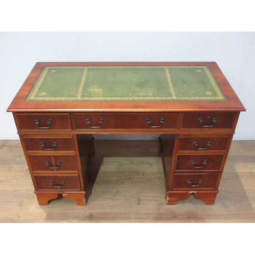 277 - A reproduction yew wood veneered pedestal Writing Desk 4ft W x 2ft 5in H