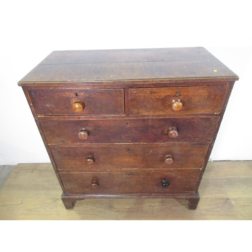 288 - A 19th Century oak Chest of two short and three long drawers with turned handles raised on tall ogee... 